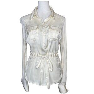New York & Company Women's Cream Button Down Blouse Top Roll-Tab Tie Waist Small